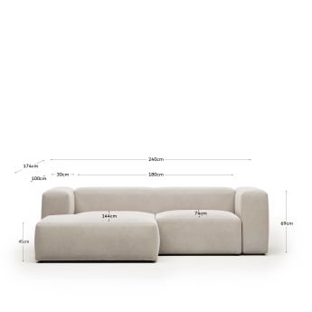 Blok 2 seater sofa with left-hand chaise longue in beige, 240 cm - sizes