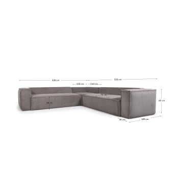 Blok 6 seater corner sofa in grey wide seam corduroy, 320 x 320 cm - sizes