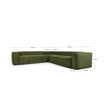 Blok 6 seater corner sofa in wide seam green corduroy, 320 x 320 cm - sizes