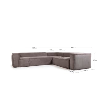 Blok 5 seater corner sofa in grey wide seam corduroy, 320 x 290 / 290 x 320 cm - sizes