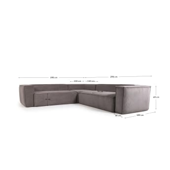 Blok 4 seater corner sofa in grey wide seam corduroy, 290 x 290 cm - sizes