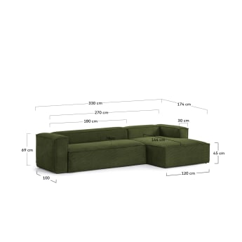 Blok 4 seater sofa with right side chaise longue in green wide seam corduroy, 330 cm - sizes