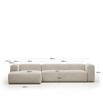 Blok 4 seater sofa with left-hand chaise longue in beige, 330 cm FSC Mix Credit - sizes