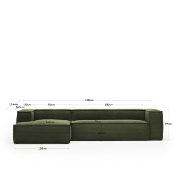 4-zitsbank Blok met chaise longue links in groen ribfluweel/corduroy 330 cm - maten