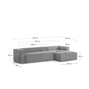 Blok 4 seater sofa with right side chaise longue in grey wide seam corduroy, 330 cm - sizes