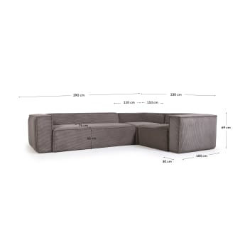 Blok 3 seater corner sofa in grey wide seam corduroy, 290 x 230 cm / 230 cm 290 cm - sizes