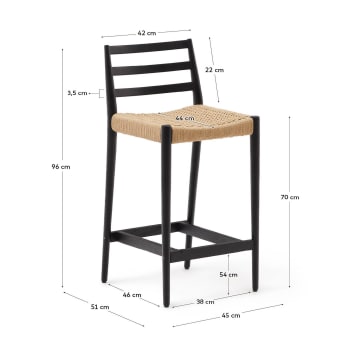 Analy stool with a backrest in solid oak wood in a black finish and rope cord seat, 70 cm, FSC 100% - sizes