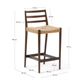 Tabouret Analy dossier en bois de chêne finition noyer et assise en corde 70 cm FSC 100 % - dimensions