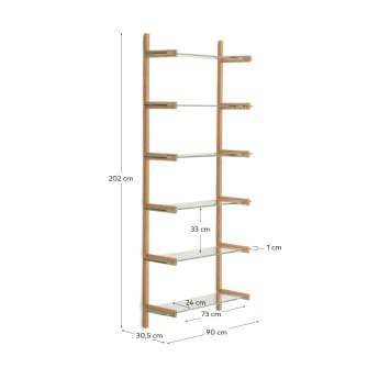 Sitra modular shelf, 6 glass shelves and FSC Mix Credit solid oak wood, 90 cm - sizes