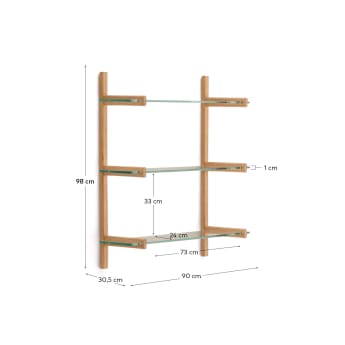 Sitra modular shelf, 3 glass shelves and FSC Mix Credit solid oak wood, 90 cm - sizes