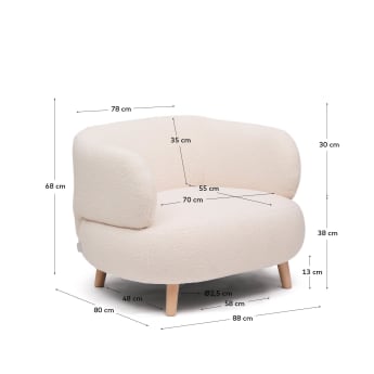 Luisa armchair in ecru boucle with solid beech wood legs 90 cm - sizes