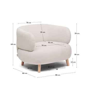 Fauteuil Luisa chenille perle avec pieds en bois de hêtre 90 cm - dimensions