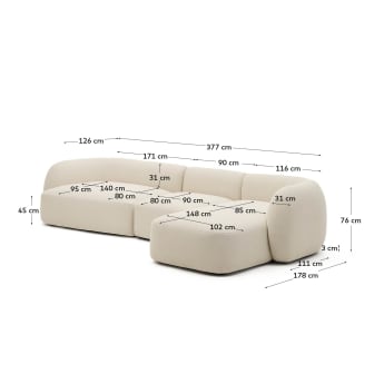 Modular 4-seater sofa Martina in ecru chenille with right chaise longue 377 cm - sizes