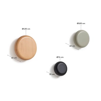 Nadue set of 3 solid beech wood wall hooks with natural, grey, and black finishes - sizes