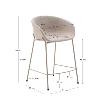 Yvette stool in beige chenille and steel legs in a beige finish, 65 cm high - sizes