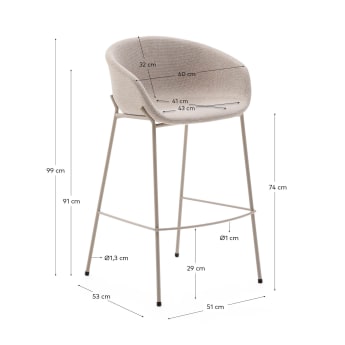 Yvette stool in beige chenille and steel legs in a beige finish, 75 cm high - sizes