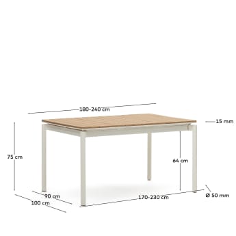 Canyelles extendable outdoor table, plastic lumber and matte white aluminium, 180 (240) x 100 cm - sizes