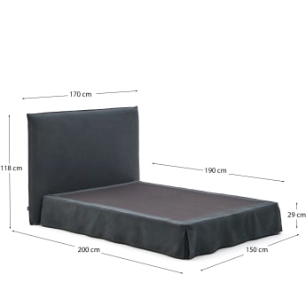 Anthracite grey linen and cotton Jaira bed with removable cover for a 150 x 190 cm mattress - sizes