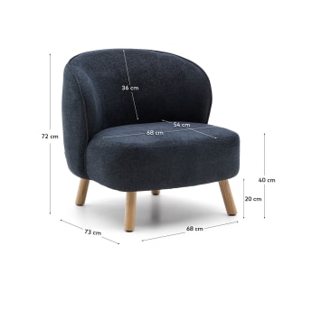 Ulit armchair in blue-grey chenille with solid beech wood legs in a natural finish - sizes