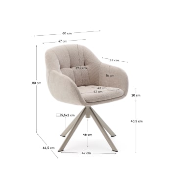 Dorina swivel chair in beige chenille and steel legs in a beige finish - sizes