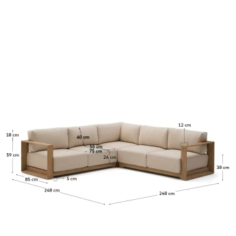 Ambra 5-seater corner sofa in solid acacia wood with light finish 248cm - sizes