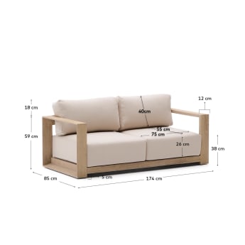 Ambra 2-seater sofa in solid acacia wood with light finish 174cm - sizes