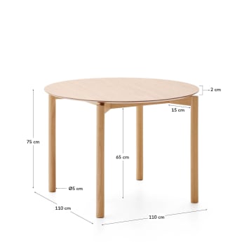 Indara ronde tafel van essenhoutfineer en massief rubberhout met een natuurlijke afwerking Ø100 cm - maten