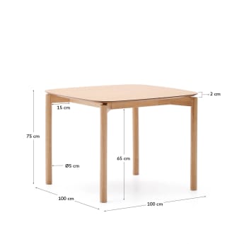 Indara square table made of ash veneer and solid rubber wood with a natural finish 100 x 100 cm - sizes