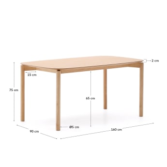 Indara tafel van essenhoutfineer en massief rubberhout met een natuurlijke afwerking 140 x 90 cm - maten