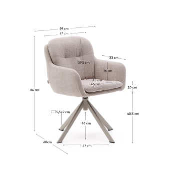 Lexa swivel chair in beige chenille and steel legs in a beige finish - sizes