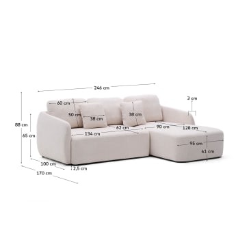 Laira 3-seater chenille sofa bed with right-hand chaise longue, ecru, 246 cm, FSC Mix Credit - sizes