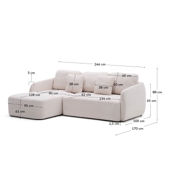 Laira 3-seater chenille sofa bed with left-hand chaise longue, ecru, 246 cm, 100% FSC - sizes