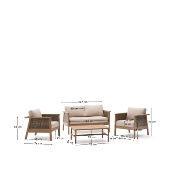 Alabe set consisting of one 2-seater sofa, 2 armchairs and one coffee table in FSC 100% acacia wood - sizes