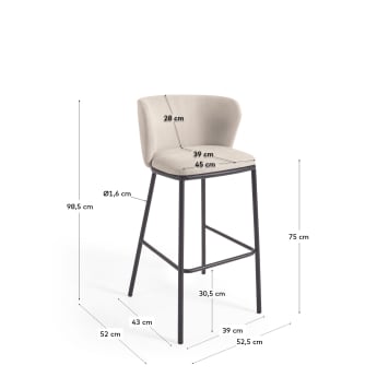 Ciselia stool in beige chenille and black steel legs height 75 cm FSC Mix Credit - sizes