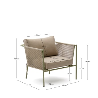 Zivia outdoor armchair in ecru rope cord and green galvanised steel - sizes