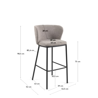 Ciselia stool with light grey bouclé and black steel legs height 75 cm FSC Mix Credit - sizes