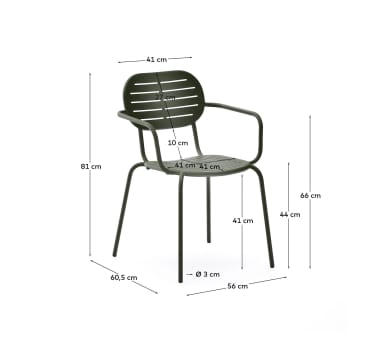 Brai stackable outdoor chair with armrests in green galvanised steel - sizes