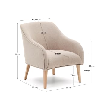 Bobly armchair in beige and with solid beech wood in a natural finish - sizes