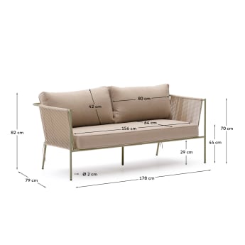 Zivia outdoor 2-seater sofa in ecru rope cord and green galvanised steel 178cm - sizes