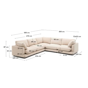 Gala corner sofa 6-seater in beige chenille FSC Mix Credit 300 x 300 cm - sizes