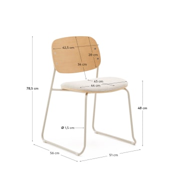 Meli stackable chair in poplar plywood with beige chenille seat and beige metal legs FSC Mix Credit - sizes