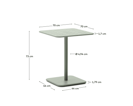 Brai outdoor table in turquoise galvanised steel 70 x 70cm - sizes