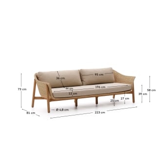 Galea 3-seater sofa in FSC 100% solid teak wood and synthetic rattan 223cm - sizes