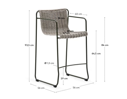 Maurina stool in green galvanised steel and ecru and grey rope cord 64,5cm - sizes