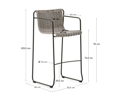 Maurina stool in green galvanised steel and ecru and grey rope cord 74,5cm - sizes