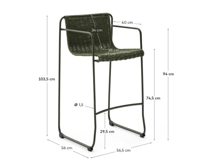 Maurina stackable stool in green galvanised steel and green rope cord 74,5cm - sizes