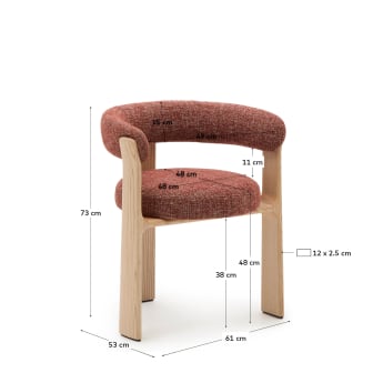 Granite fire-retardant chair (3 legs) in terracotta chenille and solid ash wood with natural-coloured finish FSC 100% - sizes