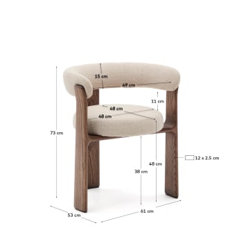 Granite fire-retardant chair (3 legs) in beige chenille and solid ash wood with walnut-coloured finish FSC 100% - sizes