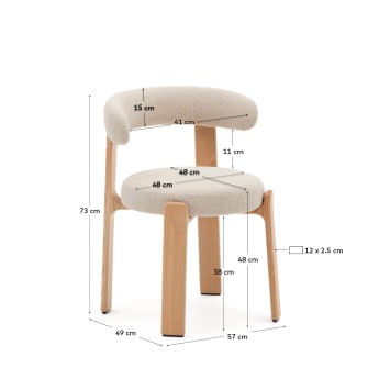 Granite fire-retardant chair in beige chenille and solid ash wood with natural-coloured finish FSC 100% - sizes