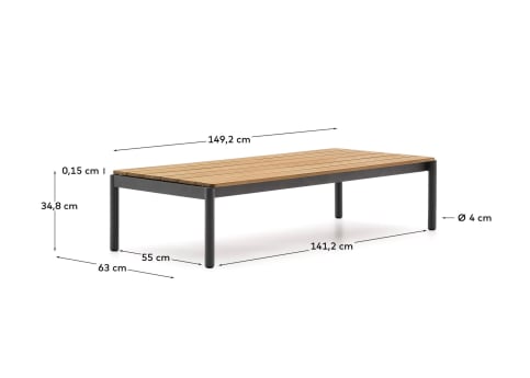 Sorells coffee table in gray aluminum and teak wood 63 x 144,6 cm FSC 100% - sizes